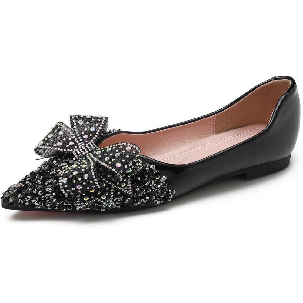 Women's Black Rhinestone Wedding Flats Comfort Pointed Toe Ballet Flat Shoe - Picture 2 of 7